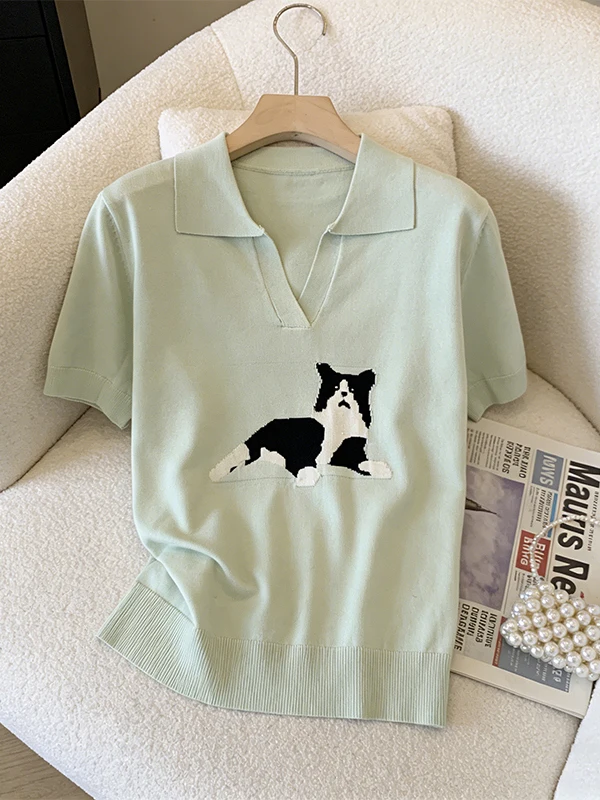 

plus Size Summer New Women's Ice Silk Embroidered Doggie T-Shirt Cute Fat Sister's Top Breathable Korean Style Loose Fit Shor...