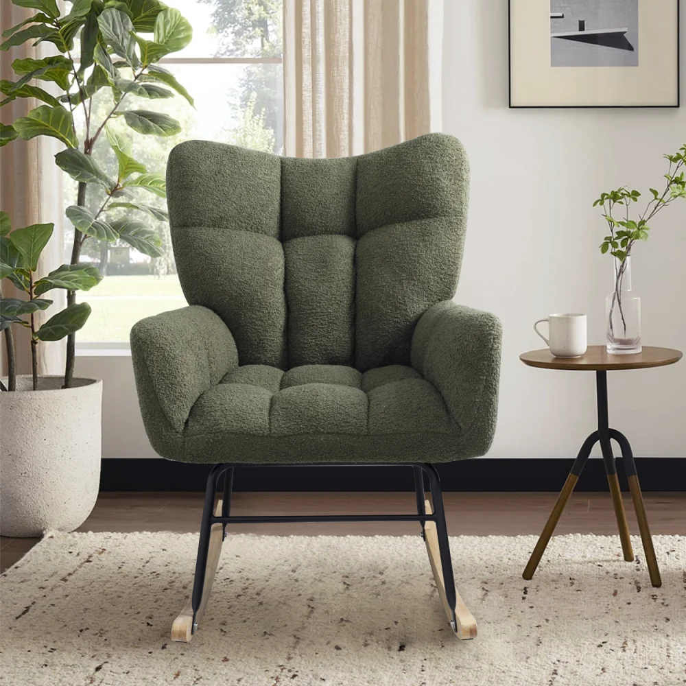 Upholstered Rocker Armchair with High Backrest, Modern Rocking Accent Chair for Nursery, Living Room, Bedroom, Olive Green