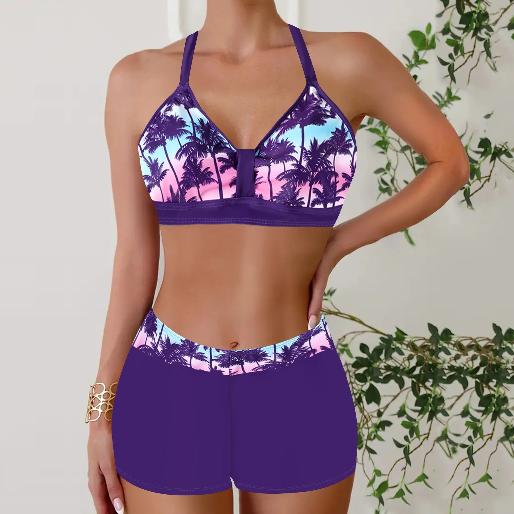 Women's Summer Vacation Tankini Set - High Stretch Crew Neck Swimsuit with Random Print, Knit Fabric 2 Piece Tropical Bikini