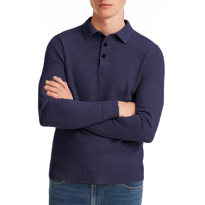 Autum Men Polo Sweaters Knit Pullovers Sweater Solid Streetwear Long Sleeved Button Sweater Male Casual Daily Warm Outerwear view 2