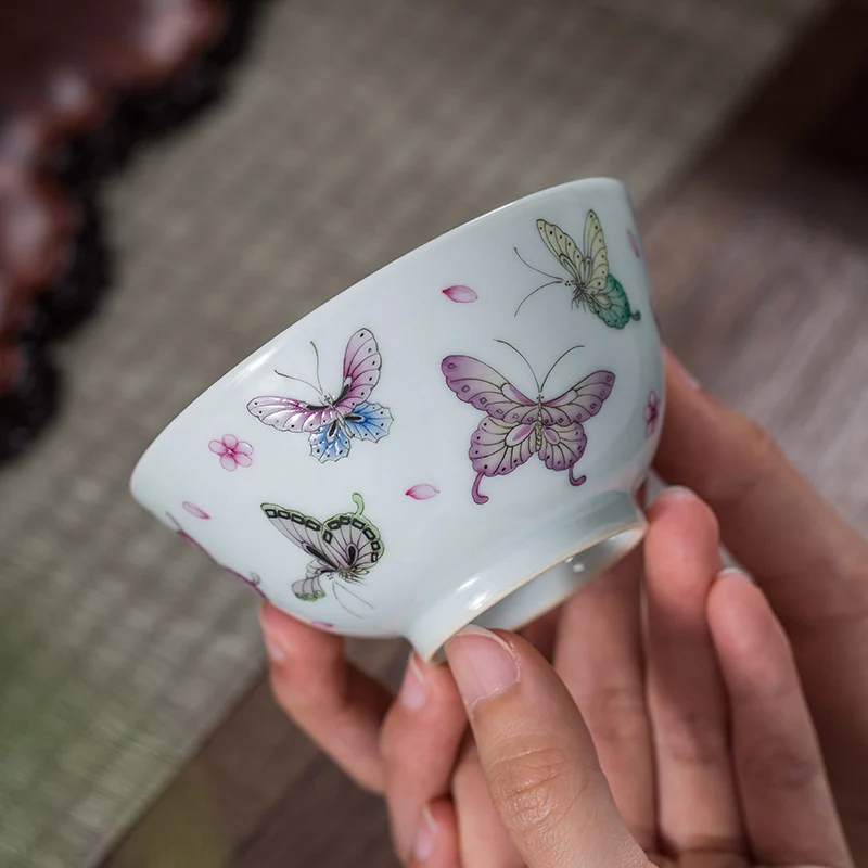 Porcelain Kiln Jingdezhen Enamel Tea Set Master Cup Interior Painting Full Work Butterfly Single Cup Handmade Porcelain Tea Tast