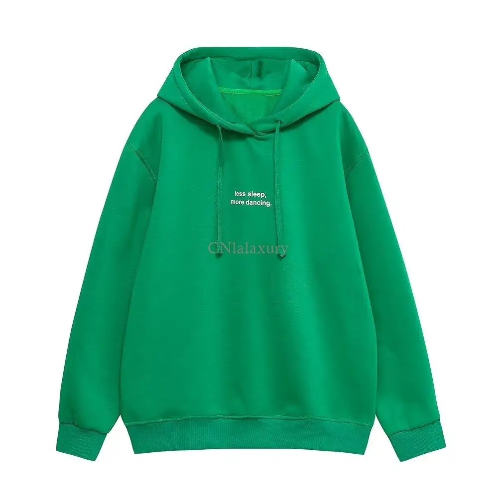 CNlalaxury Autumn Winter Woman Casual Hoodie Green Print Sudaderas Long Sleeves Sweatshirt Fashion Pullover Top Female Outfit