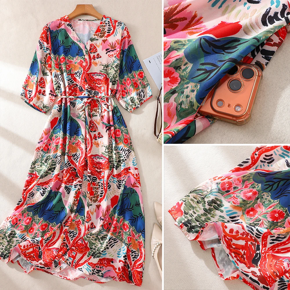 Waist-Cinching V-Neck Midi Dress with Bow-Tied Sleeveless Design Summer Casual Floral Print Long Skirt for Women Polyester Ma...