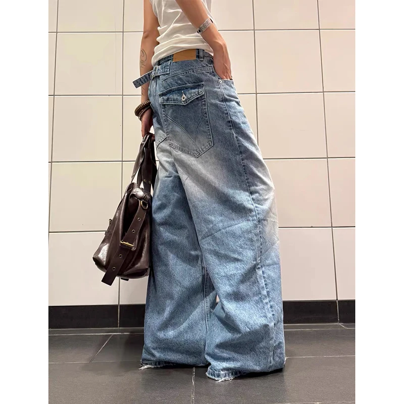 YIBASHU Women Baggy Blue Jeans Y2k Japanese Streetwear Denim Pants Wide Fit American Retro Grunge Hip-pop Harajuku Cowboy 2000s