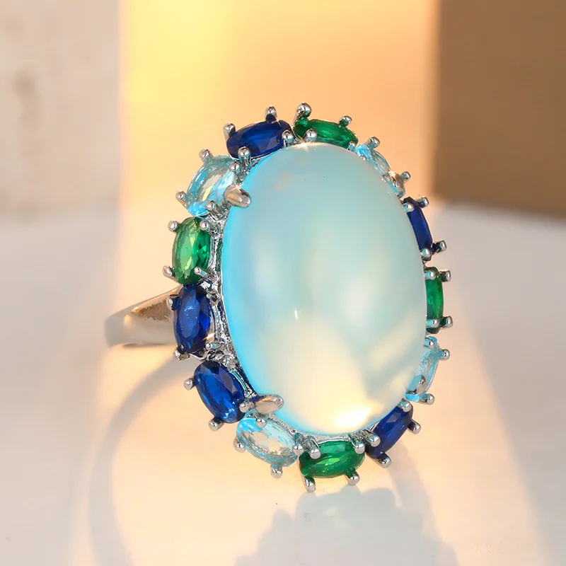 Luxury Inlaid Green Sea Blue CZ Women's Ring Trendy Silvery Color Geometry Daily Wear Party Jewelry Anniversary Gift