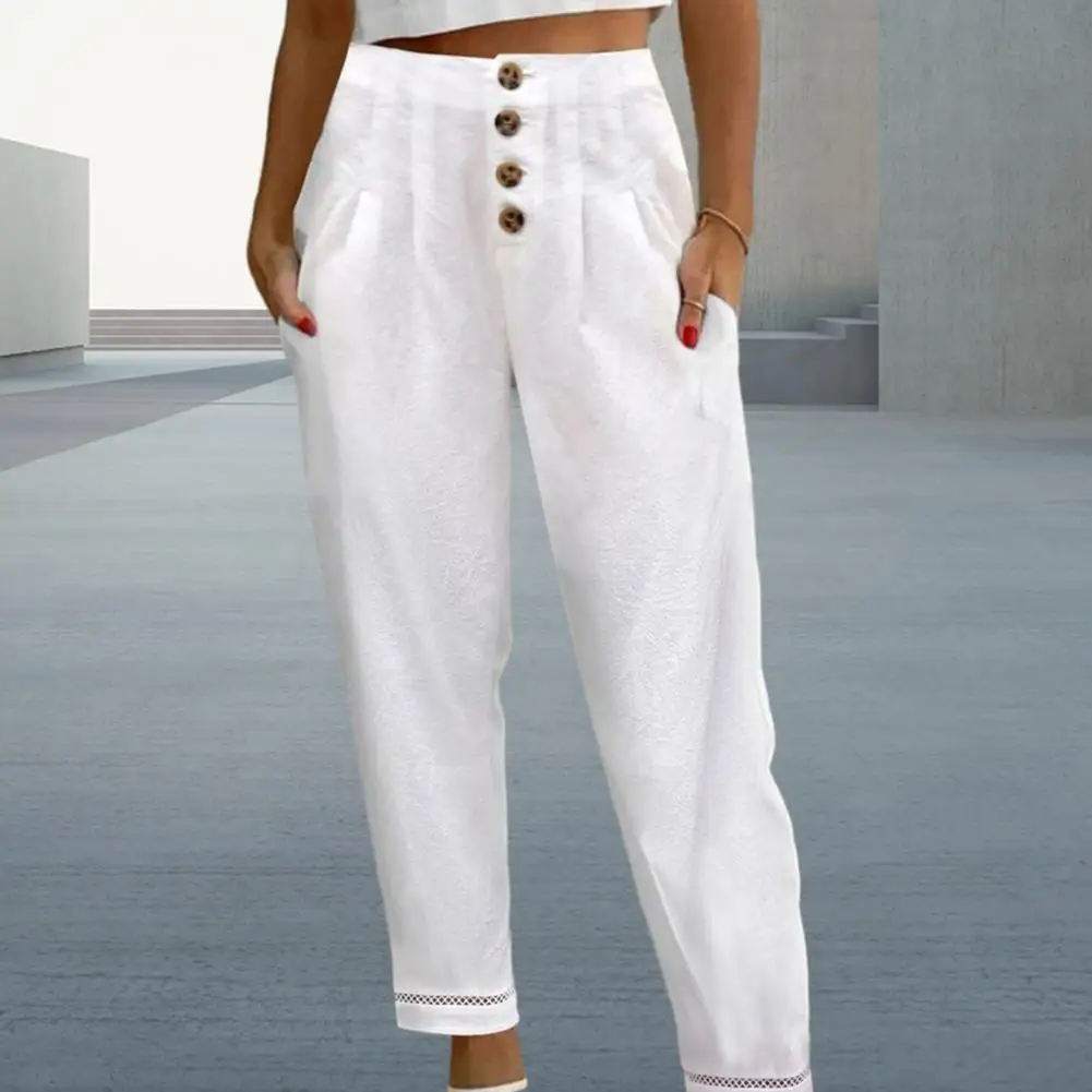 2024 Women\'s Casual White Pants High Waist Button Slim Solid Pockets Pencil Pants Female Soft Breathable Women Trousers Joggers