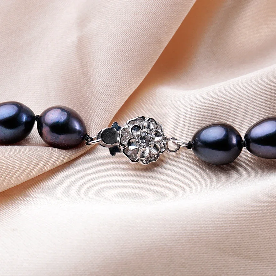 New Arrival 8-9 mm Natural Freshwater Black Pearl Jewelry Necklace 925 Sterling Silver Flower Buckle Fine Jewelry For Women