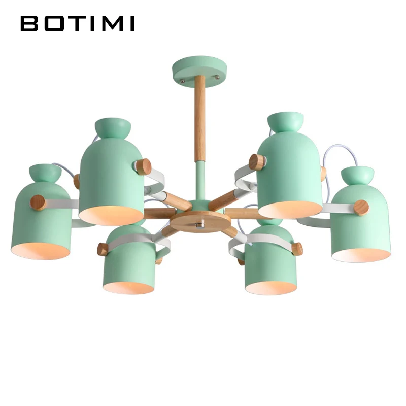 BOTIMI New arrival Nordic Chandelier With White Metal Lampshade For Living Room Modern Wooden Bedroom Gray Green LED  Lustres