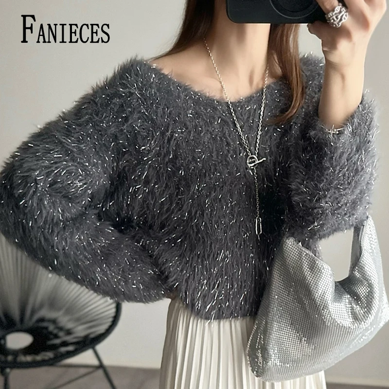 

Grey Faux Mink Fur Women Sweater Winter Spring Long Sleeve V Neck Knit Pullover Fashion Bling Sweater Party Tops roupas feminina