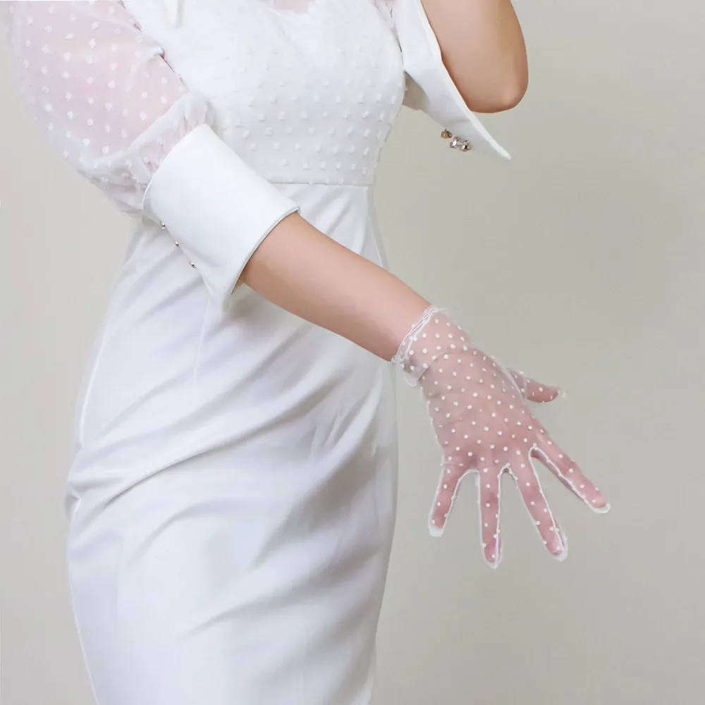 Kurze Spitzenhandschuhe mit Rüschenbesatz, Tüll-Mesh, halbtransparent, Touchscreen-kompatibel, Schwarz-Weiß-Punkte, elegant, für Hochzeiten, Damen – Detail 32