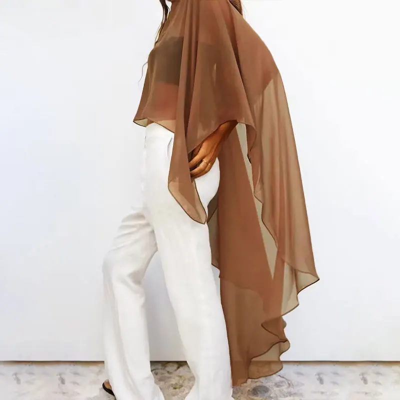 2024 New Summer Tulle Cape Coat Chiffon for Women Chiffon Sunscreen Loose Round Neck Asymmetric Cloak Coat  Long Shawl Wraps