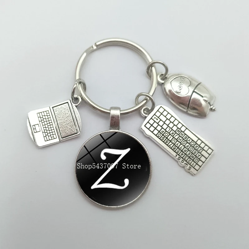 Hot sale A-Z letter laptop mouse keyboard keychain fashion glass key ring DIY metal bracket jewelry gift