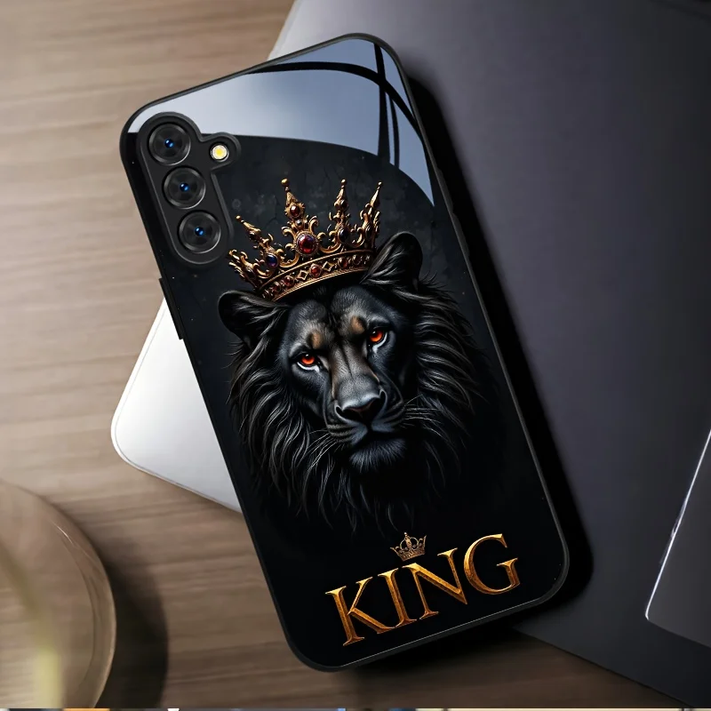 Black Lion King Phone case s26 ultra case Glass phone case for Samsung Galaxy S26/S25/S24/S23/S22/S21 FE Ultra Plus Shockproof