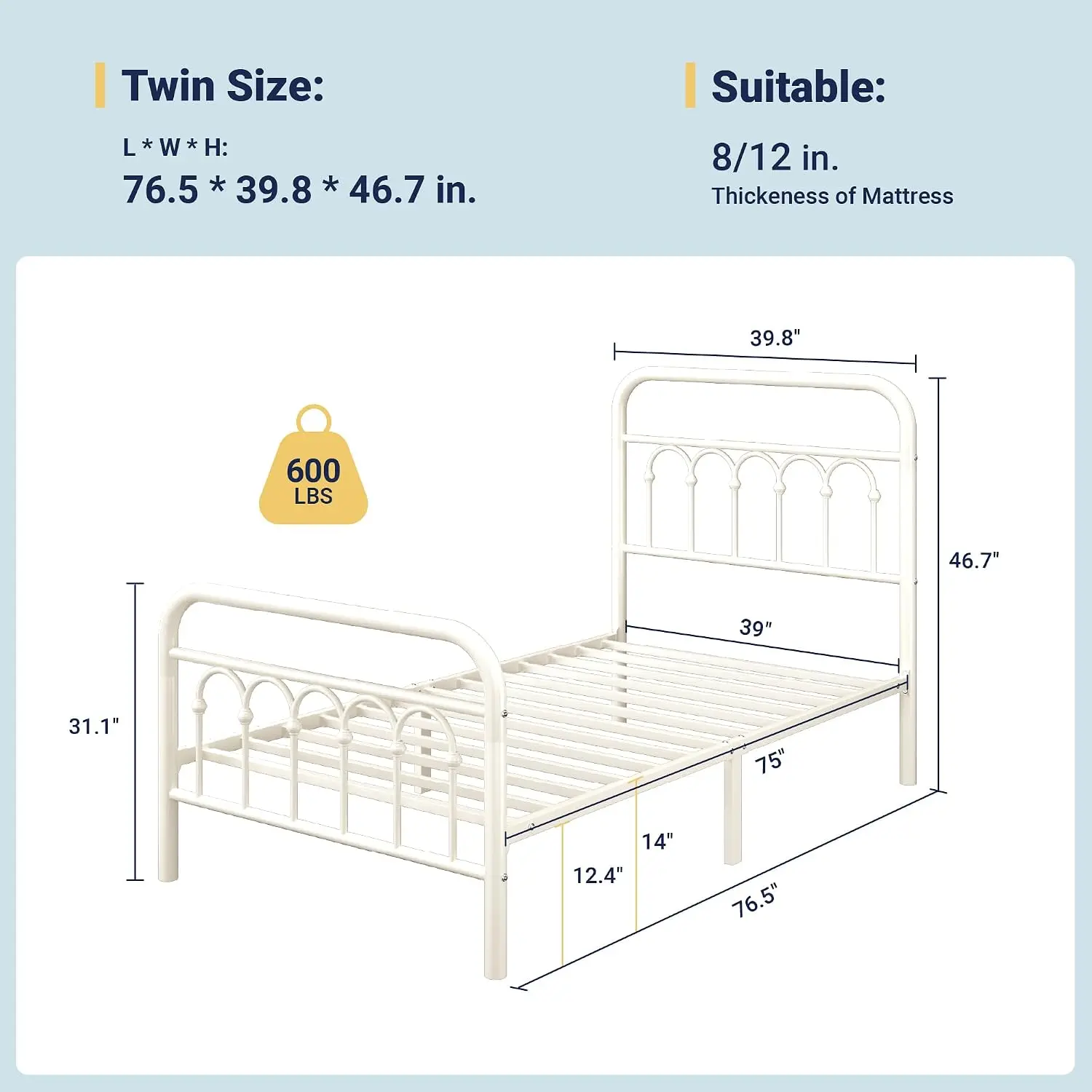 Twin Size Metal Platform Bed Frame Victorian Curved Headboard Footboard 14 Inch Slats No Box Spring, Customized