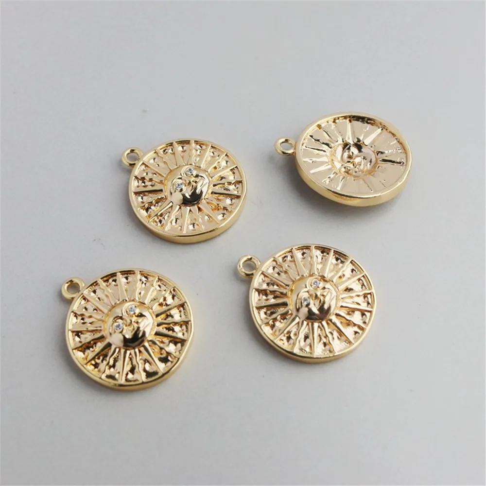 14K Gold Inlaid Zircon Star Pendant, Round Card, DIY Jewelry Tag, Pendant, Sparkling, Avatar, 18mm