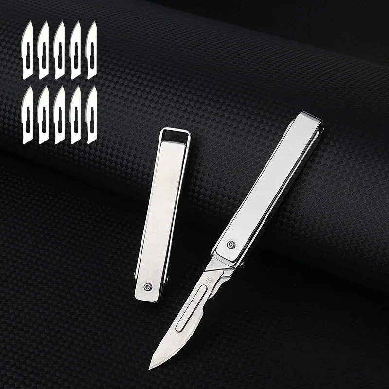 Stainless Steel Folding Scalpel Portable Mini Key Chain EDC Outdoor Box Opening Pocket Knife with 10 Replaceable 24 # Blades