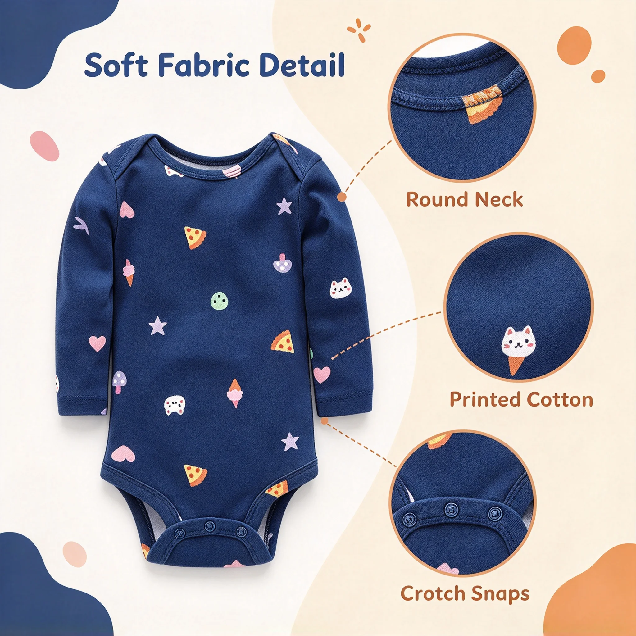 Cute Cartoon Print Baby Onesie Long Sleeve Pure Cotton Infant Bodysuit Snap Closure Baby Daily Clothing 3~24 Months Unisex Baby