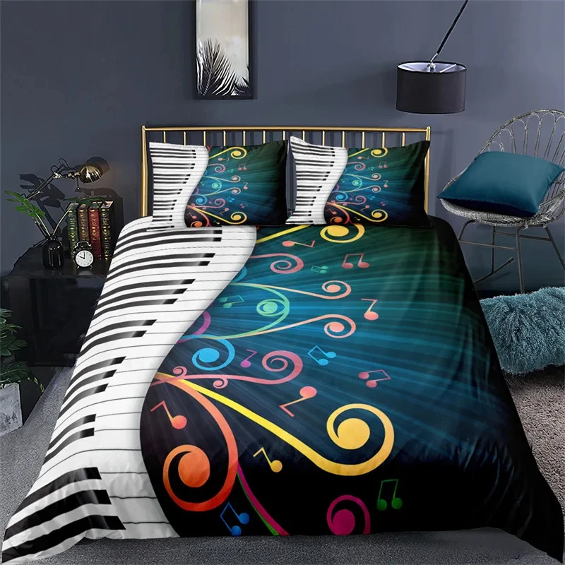Piano Keyboard Duvet Cover Note Clef Staff Music Theme Bedding Set Microfiber Melody Music Geometric Quilt Cover Twin King Size