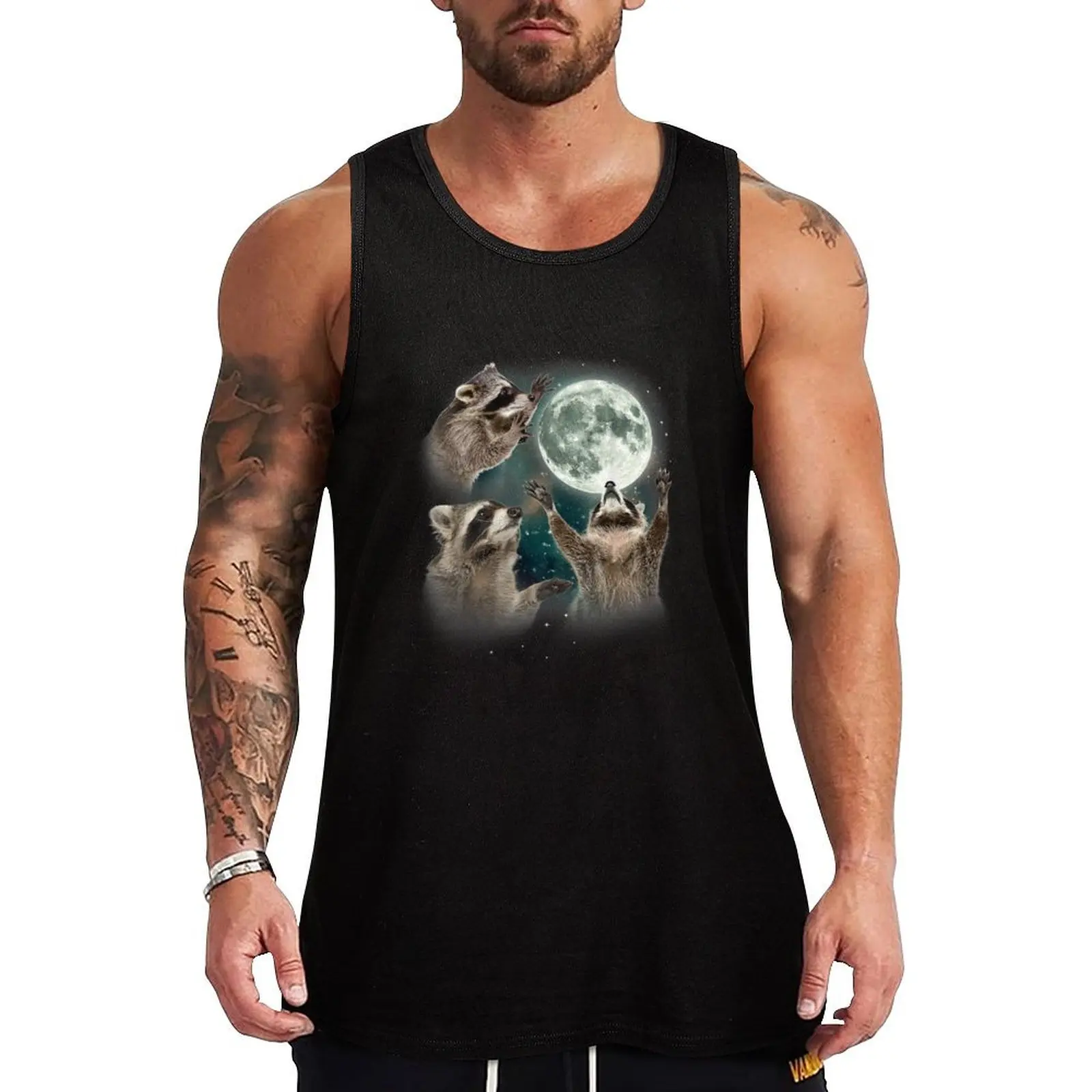 

Three Racoons Howling Funny T-Shirt For Raccoon Lovers, The Moon Raccoon Gift Tank Top Classic Fit Undershirt Everyday Wear