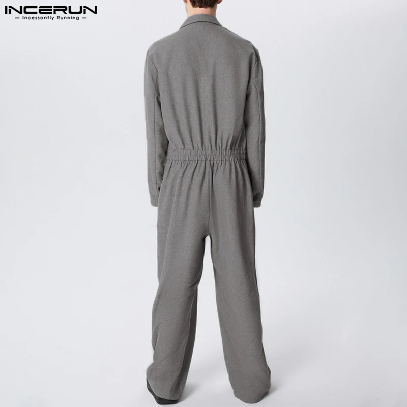 INCERUN Men Jumpsuits Solid Color Lapel Long Sleeve Double Breasted Rompers Men Streetwear 2024 Loose Fashion Casual Overalls