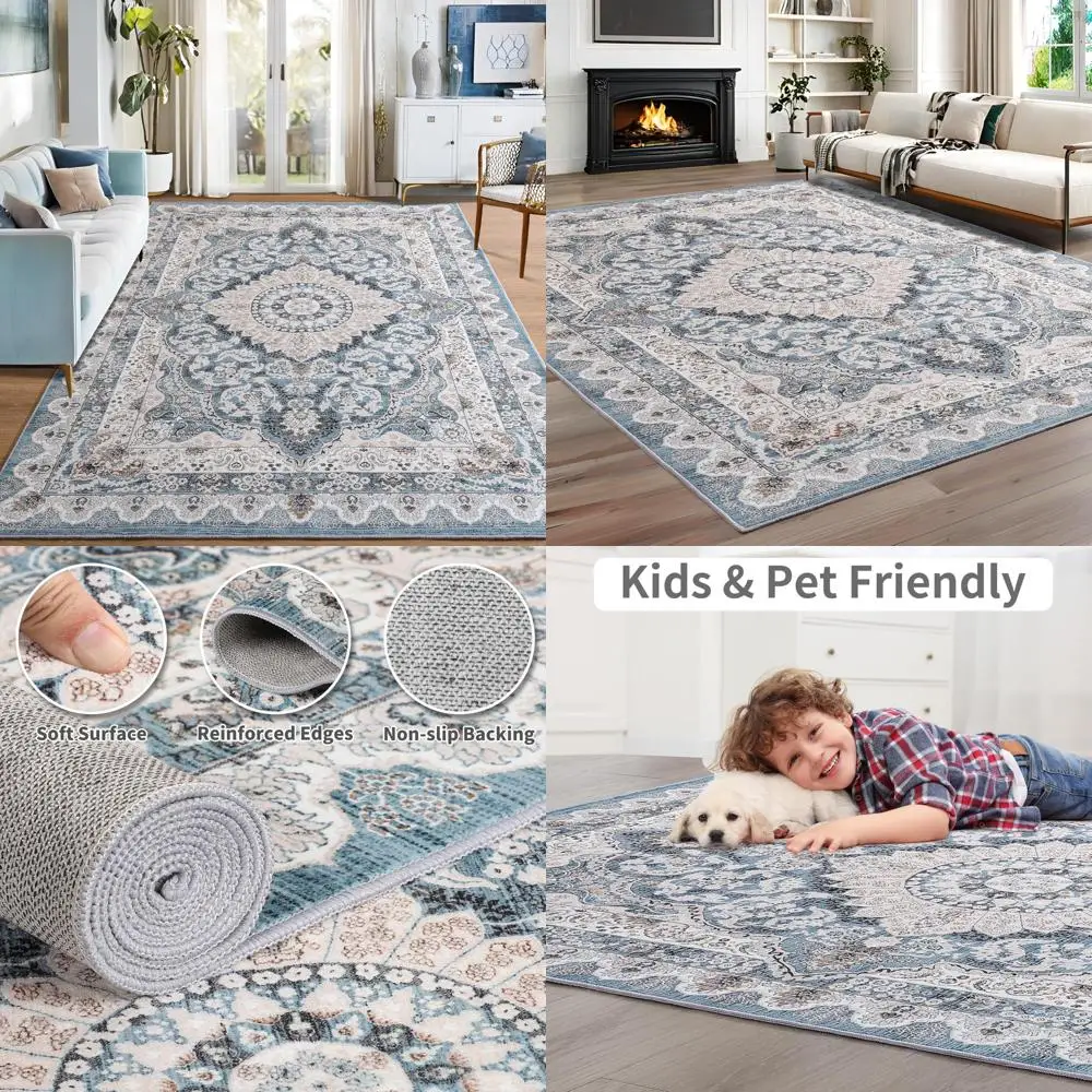 

Vintage-Style 6x9 Area Rugs for Living Spaces: Machine Washable, Low Pile, Non-Slip with Rubber Backing