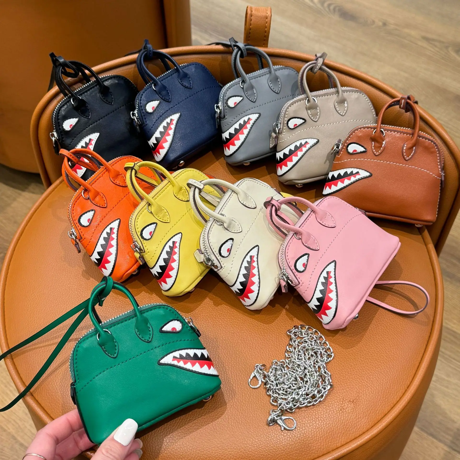 luxury-faux-leather-shark-mouth-bag-charm-mini-cosmetic-pouch-headphone-case-with-chain-strap-car-hanger-fashion-accessory