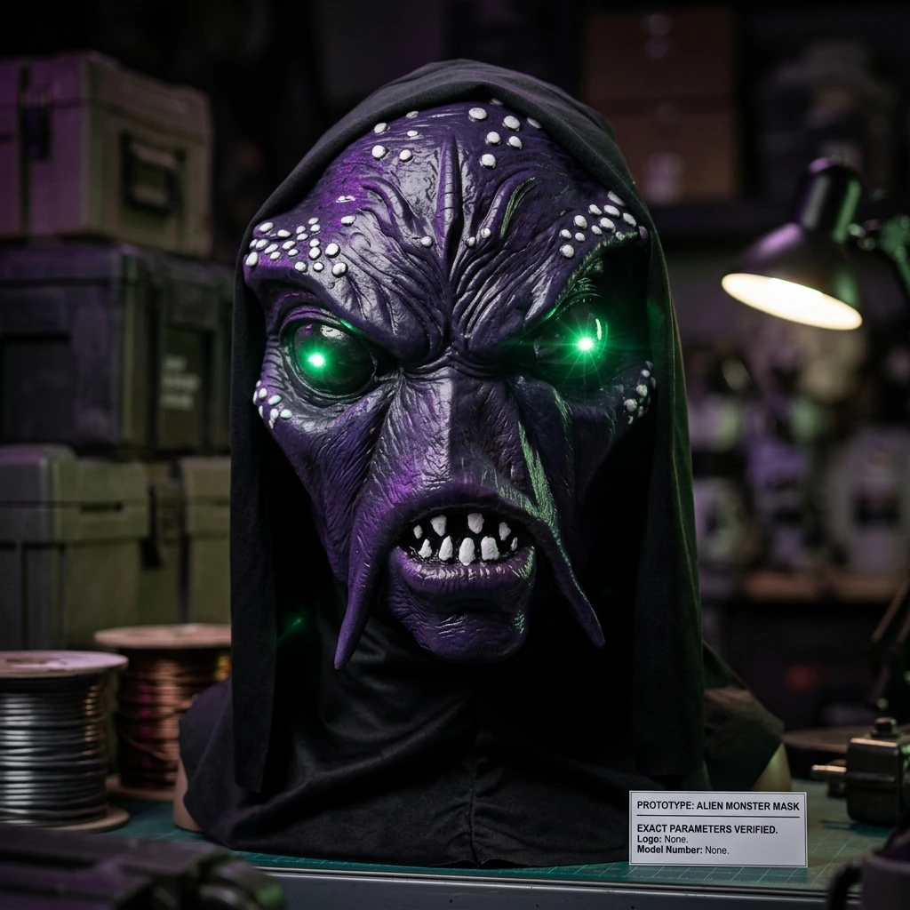 LED Glowing Green Eyes Alien Monster Mask in Purple Latex Full Head Mask with Tendrils Hood Scary Cosplay Party Halloween Props 3