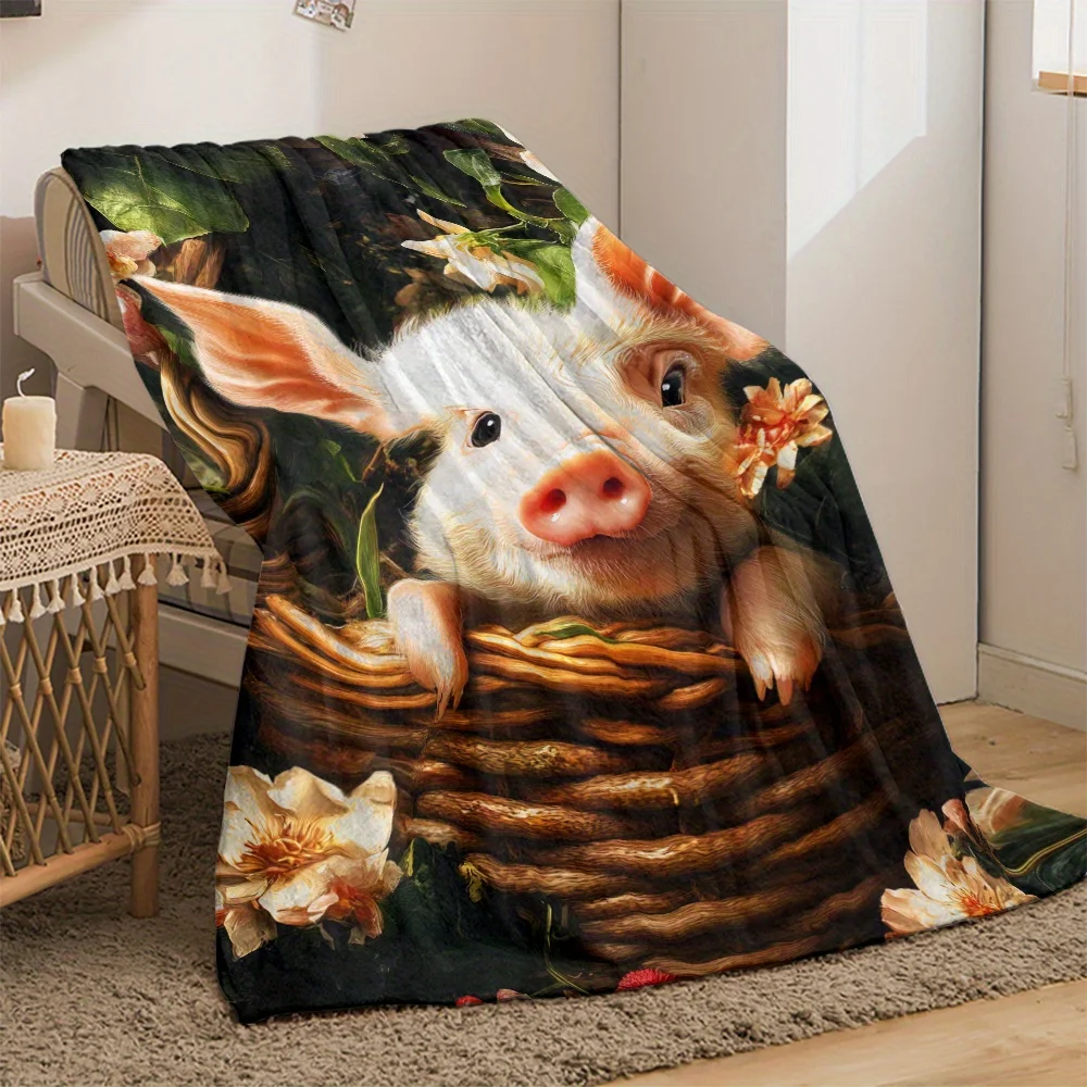 1pc Fluffy Throw Blanket, Cute Piglet in Basket Floral Print, Warm Blanket for Sofa Bedroom, Multifunctional Camping Blanket