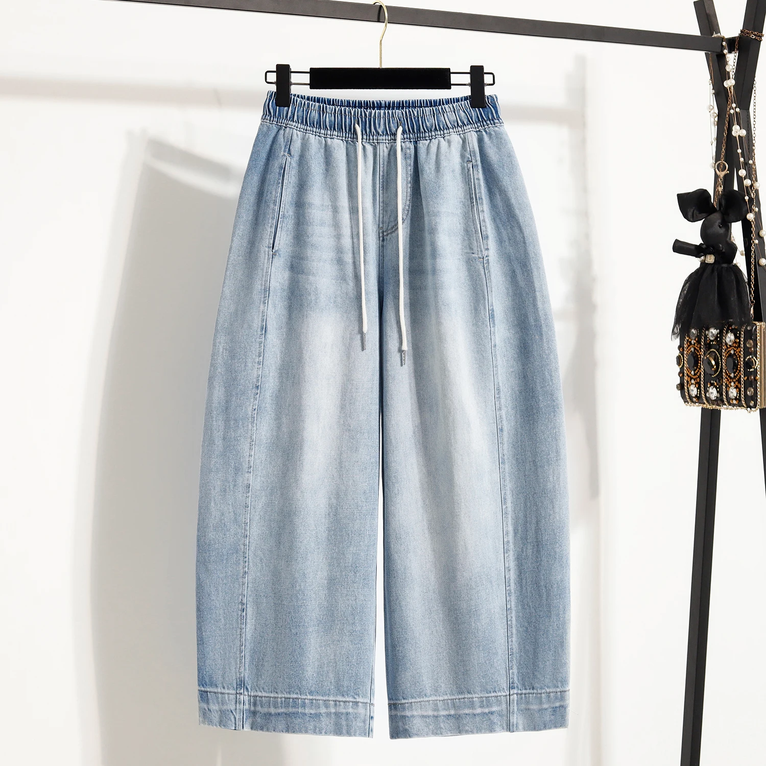 

Loose Casual Pure Color Jeans Elastic Waist plus Size Eighteen Pants Comfortable Fit Slimming White Waed Casual Trousers