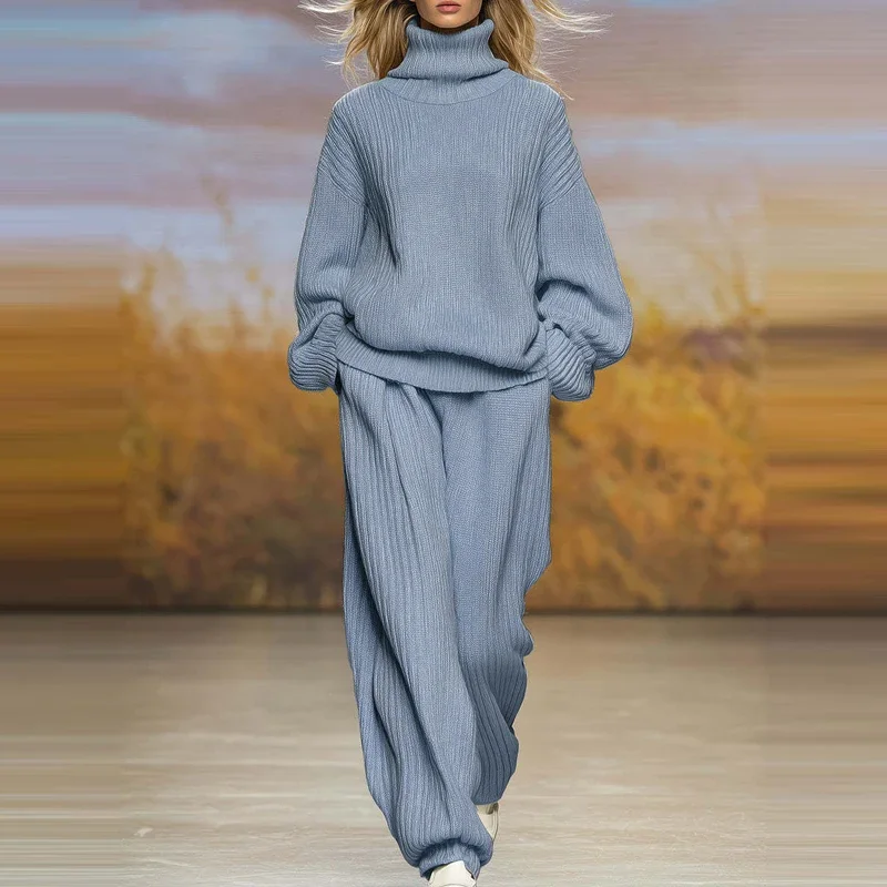 

Свободный комплект брюк с карманами, базовый топ с высоким воротником и длинными рукавами, комплект брюк, удобный мягкий свитер, однотонный комплект из двух предметов