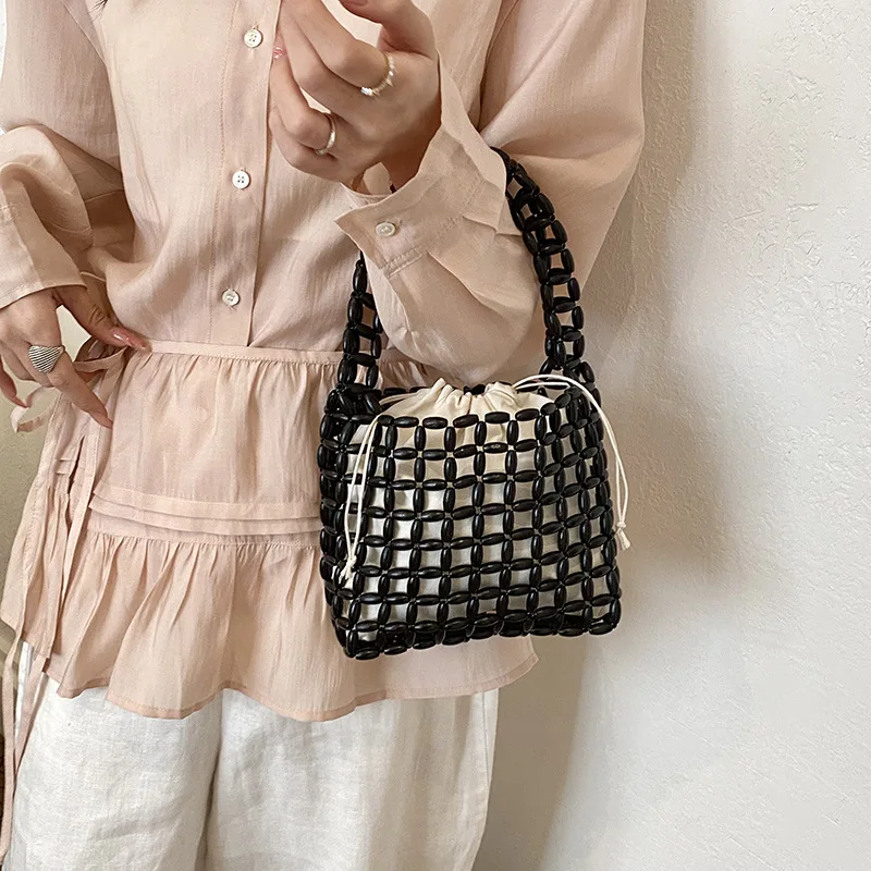 Retro-inspired Handmade Wooden Bead Woven Handbag, New Style Women's Fashionable Multi-purpose Lightweight String Bead Handbag