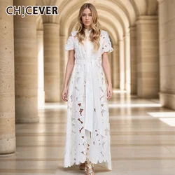 CHICEVER Patchwork Floral Hollow Out Women Long Dresses Lapel Short Sleeve High Waist Spliced Lace Up A Line Solid Dress Female