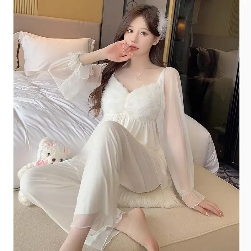 Pajamas with Breast Pads Female Spring Autumn Mesh Long Sleeve Pants  Internet Celebrities Are Sweet Cute Sex Appeal Loungewear