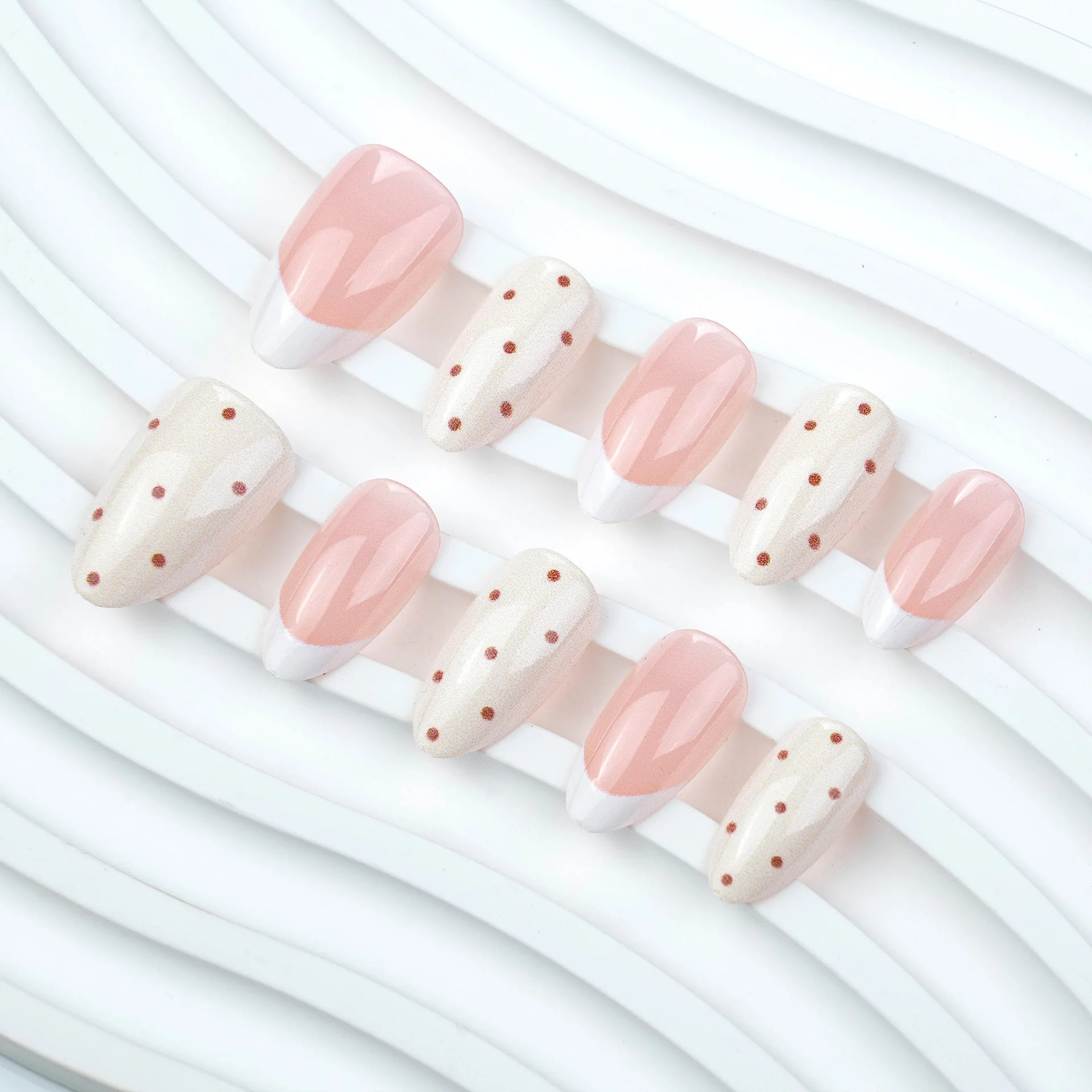 30Pcs Short Almond Press On Nails Sweet Cute Polka Pattern Light Luxury French Popular In And America Reusable False Nail Tips