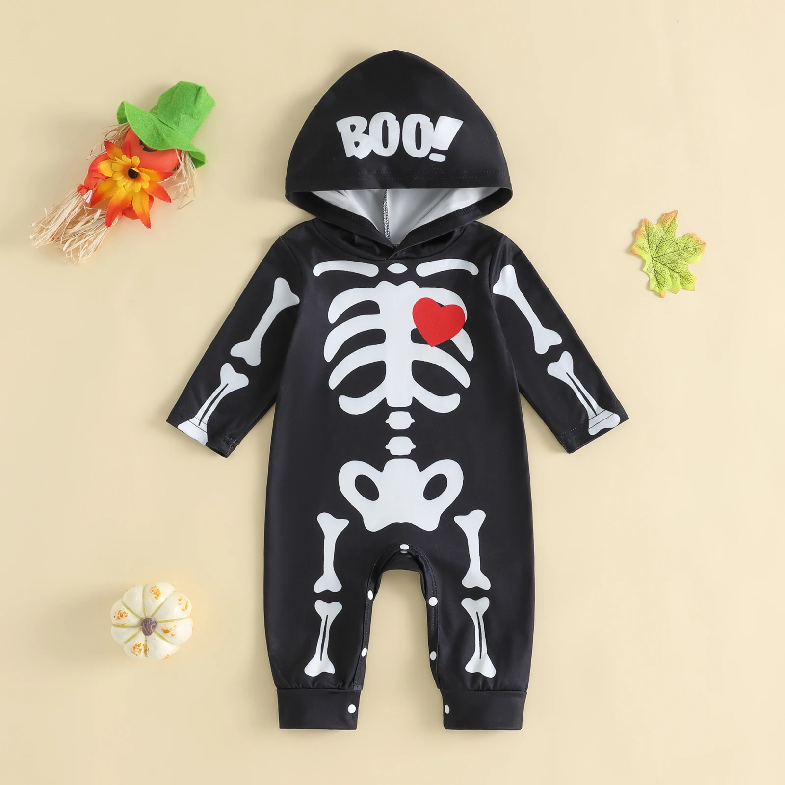 Baby Boy Skeleton Rompers Costume Long Sleeve Hooded Jumpsuit Halloween Cosplay Costume
