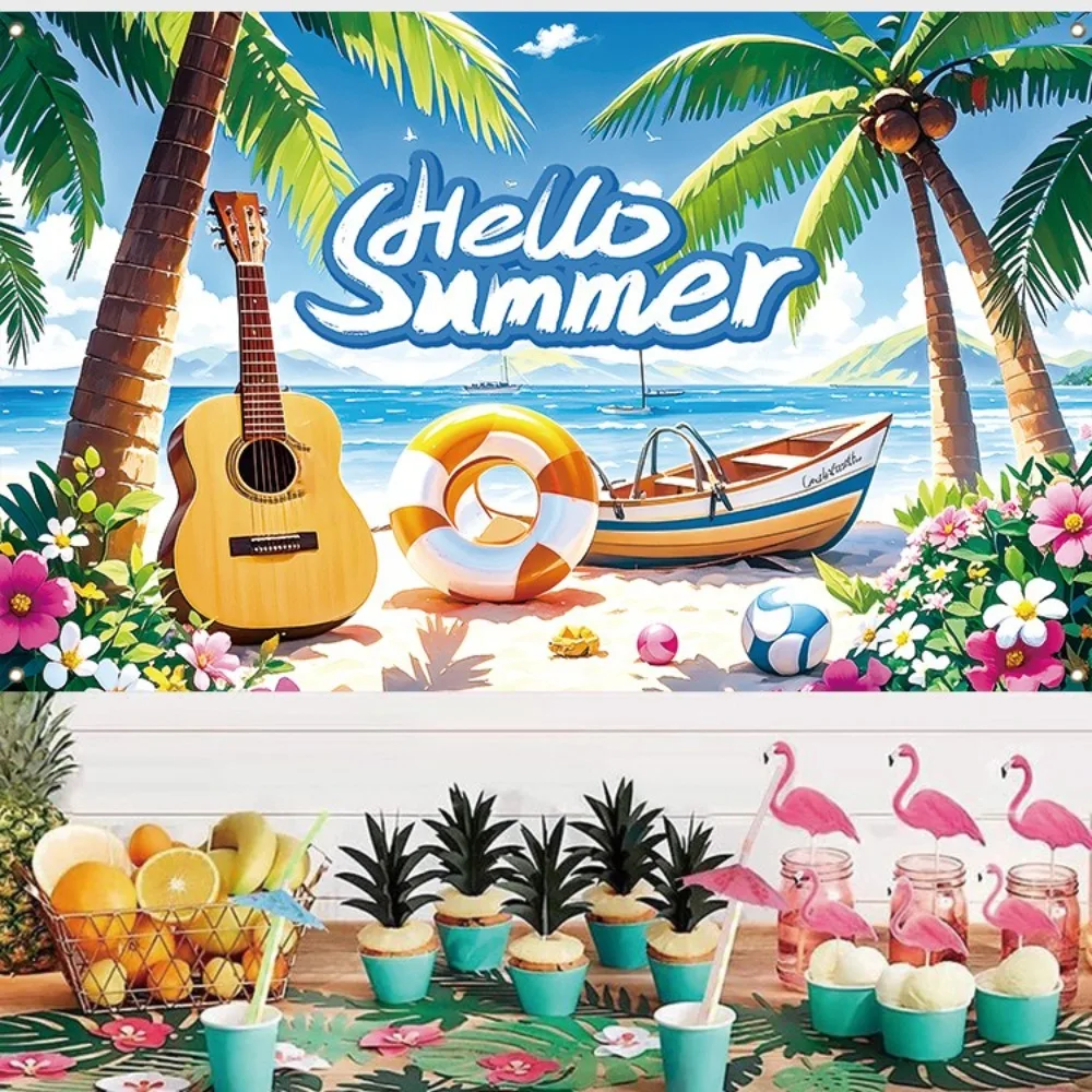 

Tropical Theme Hello Summer Beach Backdrop Lifebuoy Coconut Tree Summer Pool Party Backdrop Flower Boat Vibrant Colors