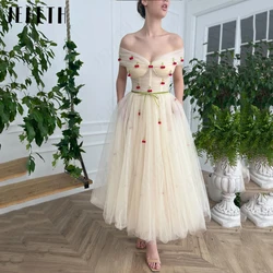 JEHETH Cherry Tulle Belt Prom Dress Off Shoulder Backless Evening Gown Pastoral A-Line Party Elegant Tea-Length Robes De Soirée