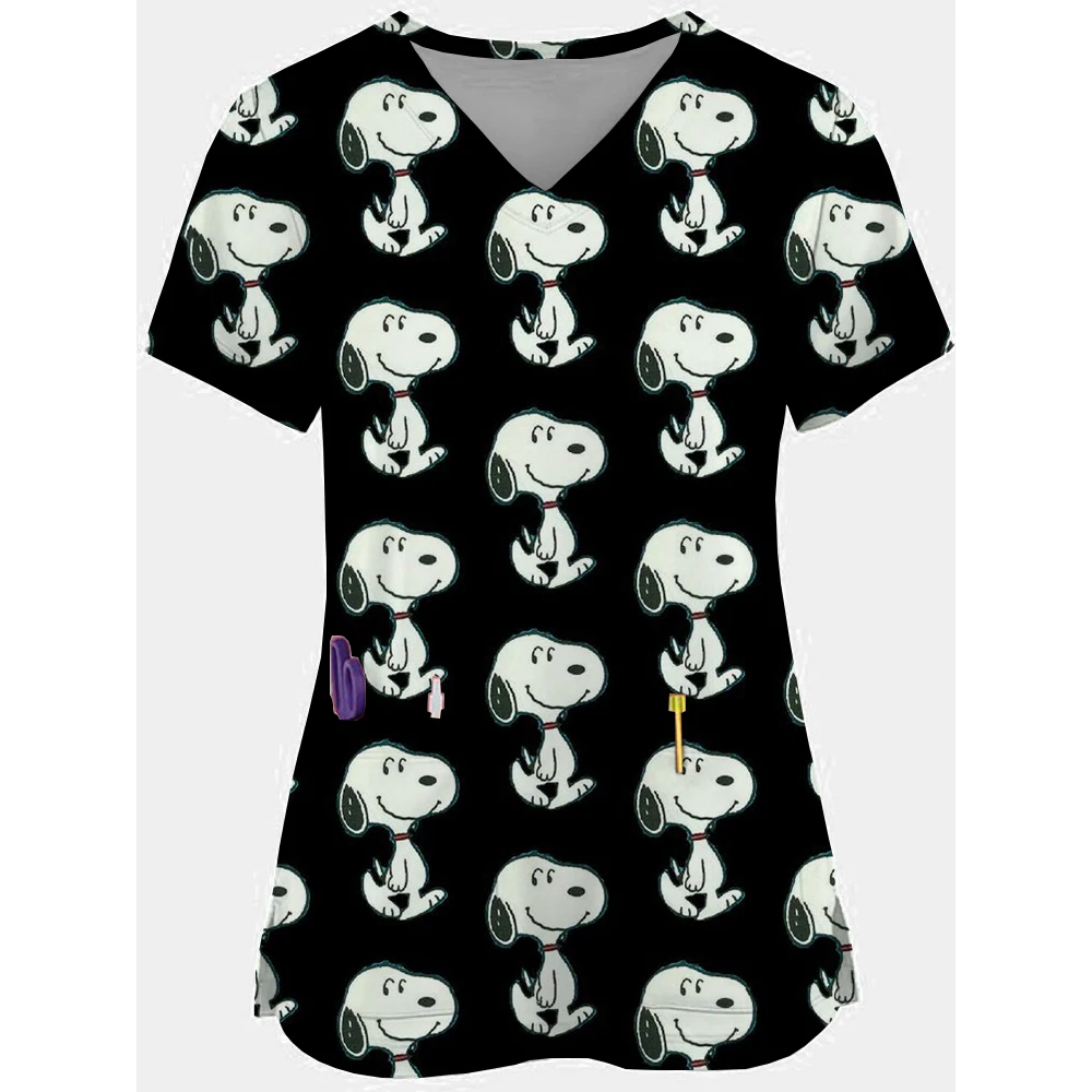 เสื้อผ้าใส่ทำงานในโรงพยาบาลพิมพ์ลายสนูปี้เสื้อแขนสั้นสำหรับผู้หญิงเสื้อผ้ายืดชุดพยาบาลคลินิกทันตกรรมคอวี Baju bedah น่ารัก