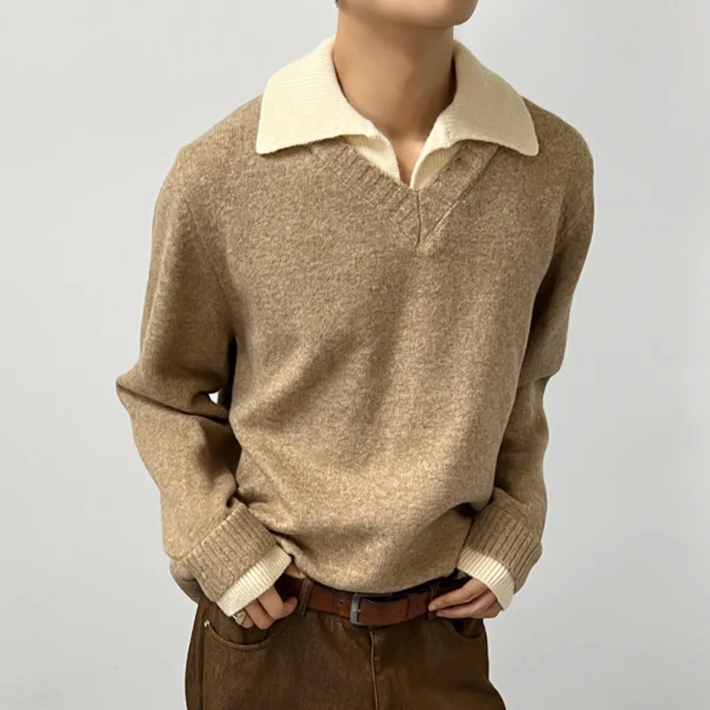 WVGA Autunno Inverno Nuovo Uomo Marea Falso in Due Pezzi Color-Block Colletto Alla Moda Maglioni Nicchia Chic Casual Maglia di Lana Magliette e camicette Ins W13800