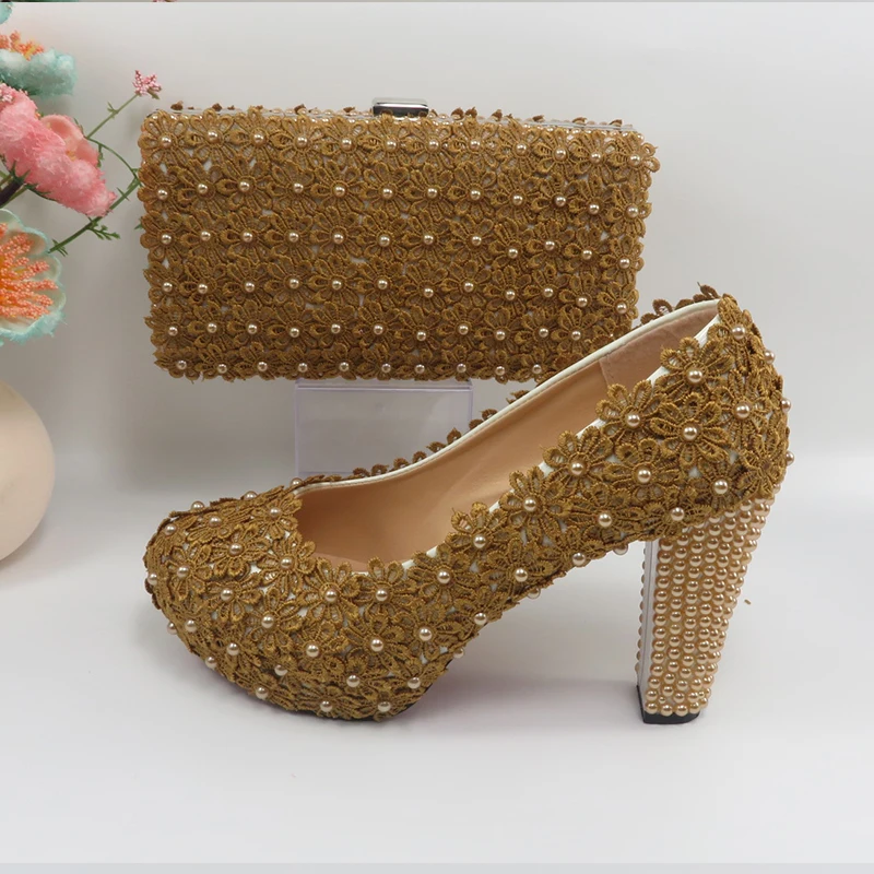 

Bao Ya Fang Fashion Thick Heel Royal coffee Flower Wedding shoes for woman High heel platform shoes with matching bags