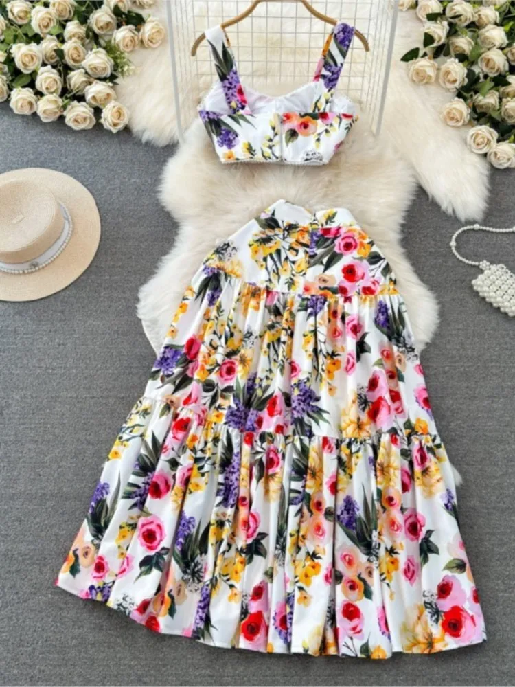 Women Elegant Casual Printed Skirts Suit Summer Fashion Vintage Chic Floral Tanks Tops A-Line Saya Two Pieces Set Female Clothes