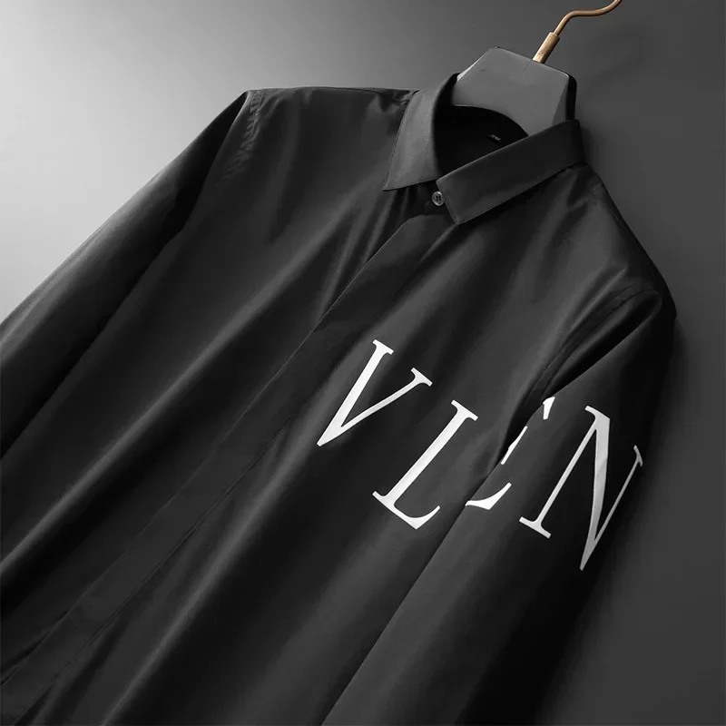 Brand Letter Flocking Long Sleeved Shirts Men Slim Fit Casual Business Dress Shirts High Quality Social Party Banquet Tops 2024