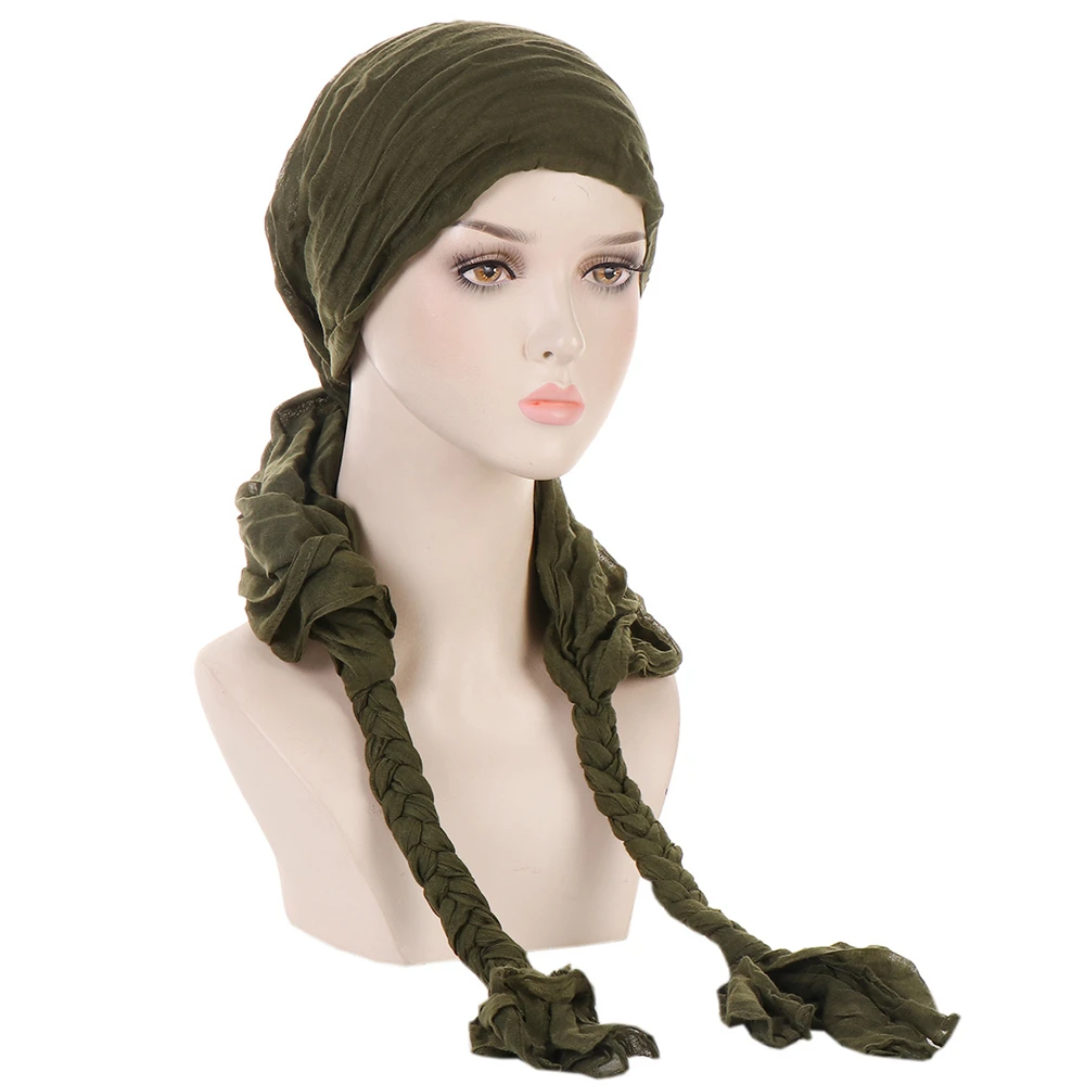 Fashion Muslim Women Pre-Tied Braid Hijab Turban Bonnet Chemo Cap Long Tail Hat Islamic Bandana Female Headwrap Scarf Headcover