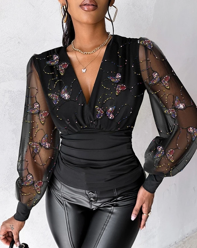 Butterfly pattern V-neck contrasting sequins pleated chiffon slim fit top for women, fashionable casual shirt for women