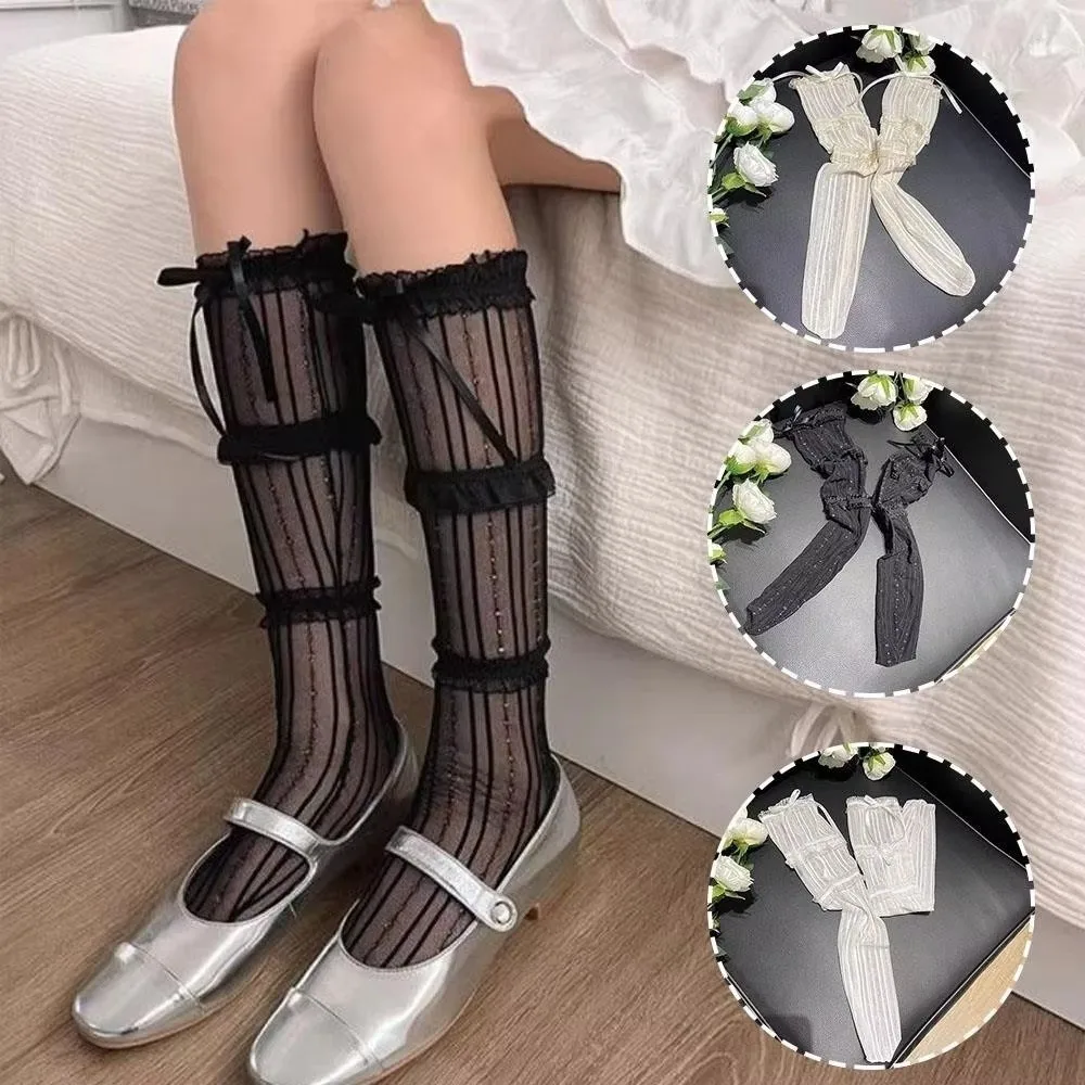 Lace Ribbon Ballet Middle Tube Socks Mesh Breathable Ruffle Trim Bow Lace Socks Bowknot Design Knee High Socks
