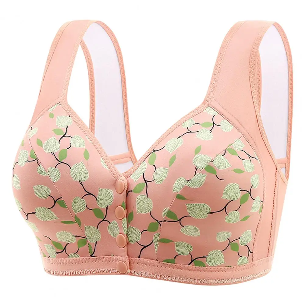 Anti-exposure Bra Floral Print Mid-aged Women's Sports Bra Elastic Shoulder Strap Front Button Closure Wireless Good for Yoga