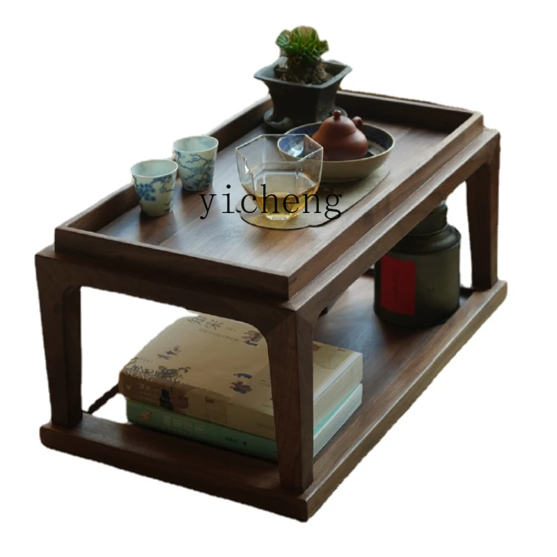 

ZC Tatami Tea Side Table Storage Rack Black Walnut Solid Wood Low Table Side Table Bay Window Table Small Tea Table