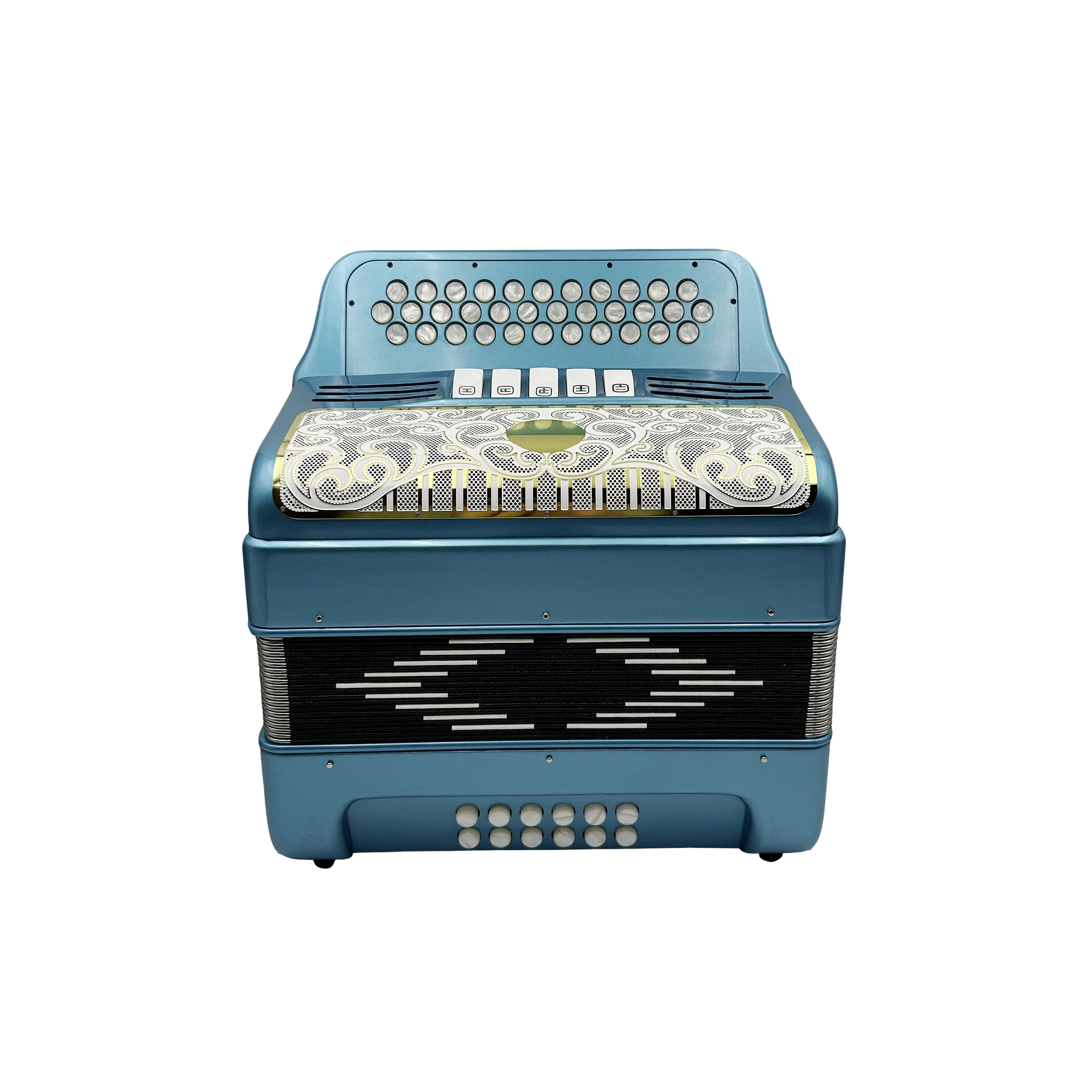 Professional Diatonic Accordion JB3412D 34-Button 12-Bass 5-Registers Blue Metallic Body White Gold Grill White Buttons