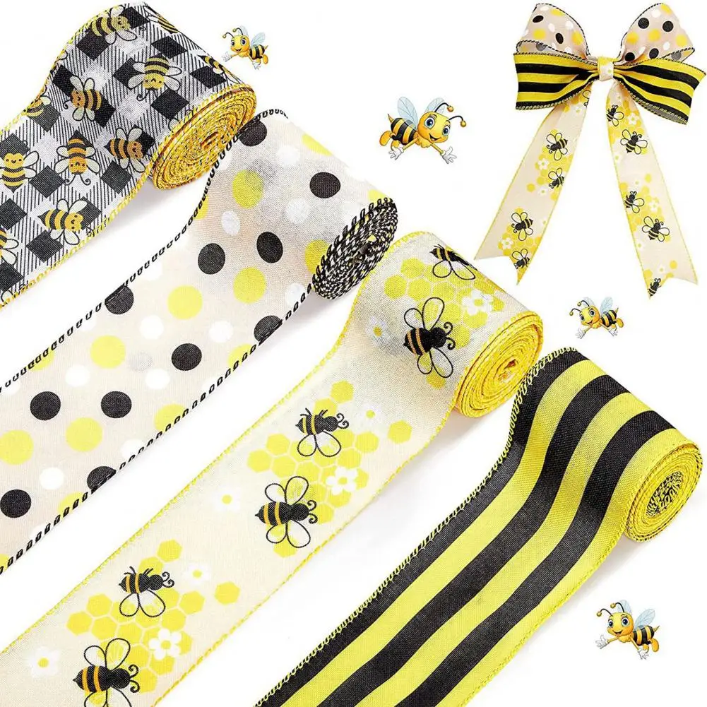 

DIY Crafts Ribbon，Bee Day Element Ribbon，Bee Dot Striped Plaid Print，Honey Bee Ribbon，DIY Crafts Gift Wrapping Ribbon