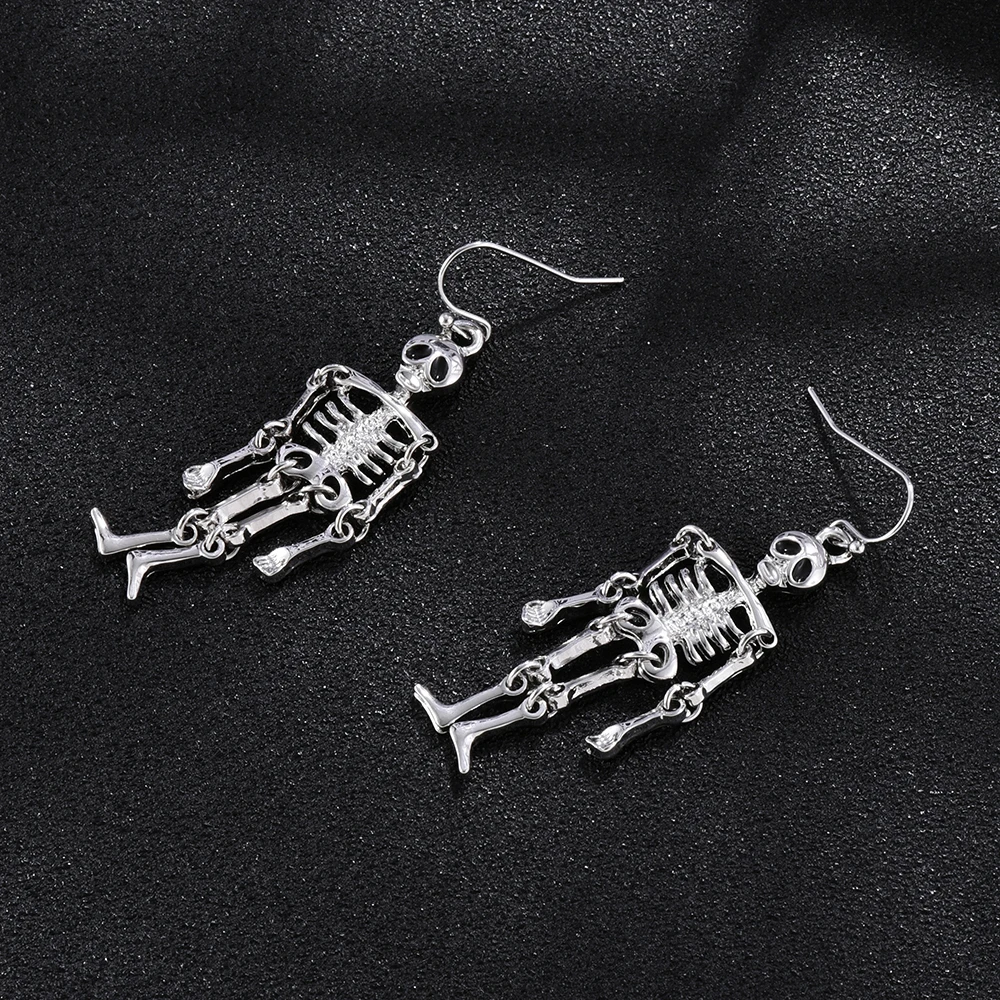 Vintage Silver Skeleton Dangle Earrings Articulated Movable Skull Drop Earrings Gothic Punk Halloween Jewelry for Women Men Hip